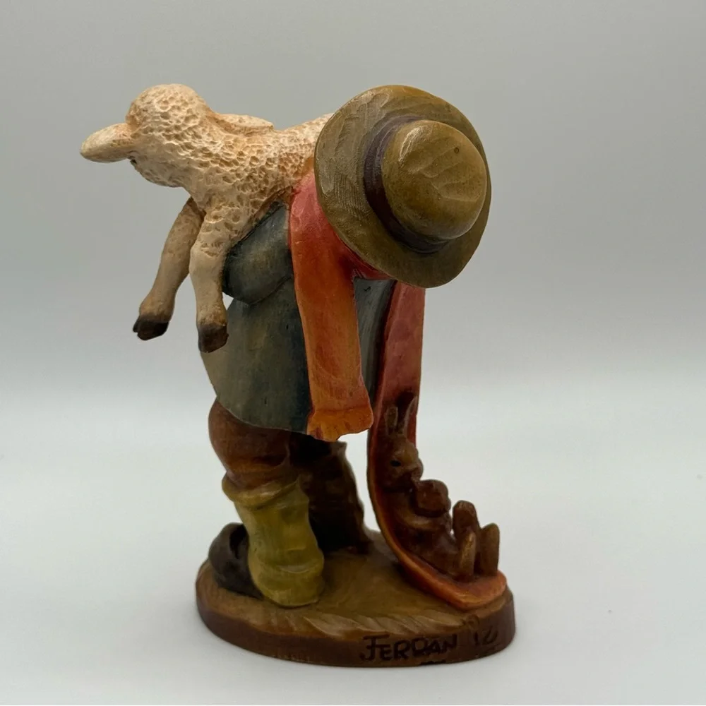 Vintage Anri “The Stray”, Boy Carrying Lamb, Rabbit & Squirrel, Hand-Carved Wood